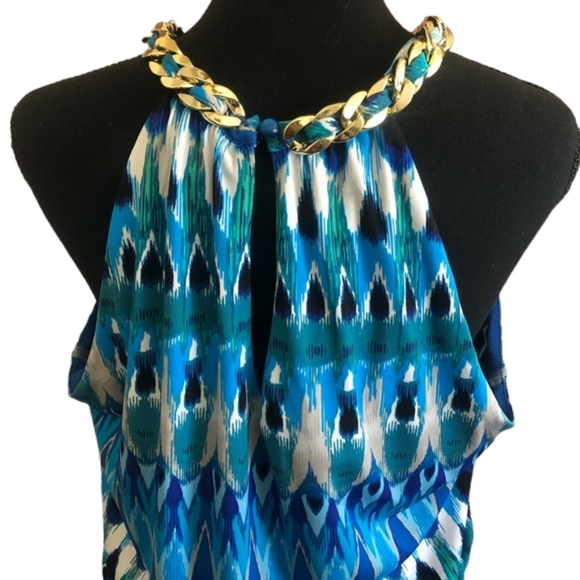 NEW Dress Barn Blue Patterned Maxi Dress w/Gold Chain Accent Collar Size: 6 - Picture 5 of 9